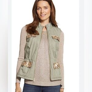 🌻Chico's Army Green Gold Sequins Utility Vest Womens Size XL/16 | Chicos…